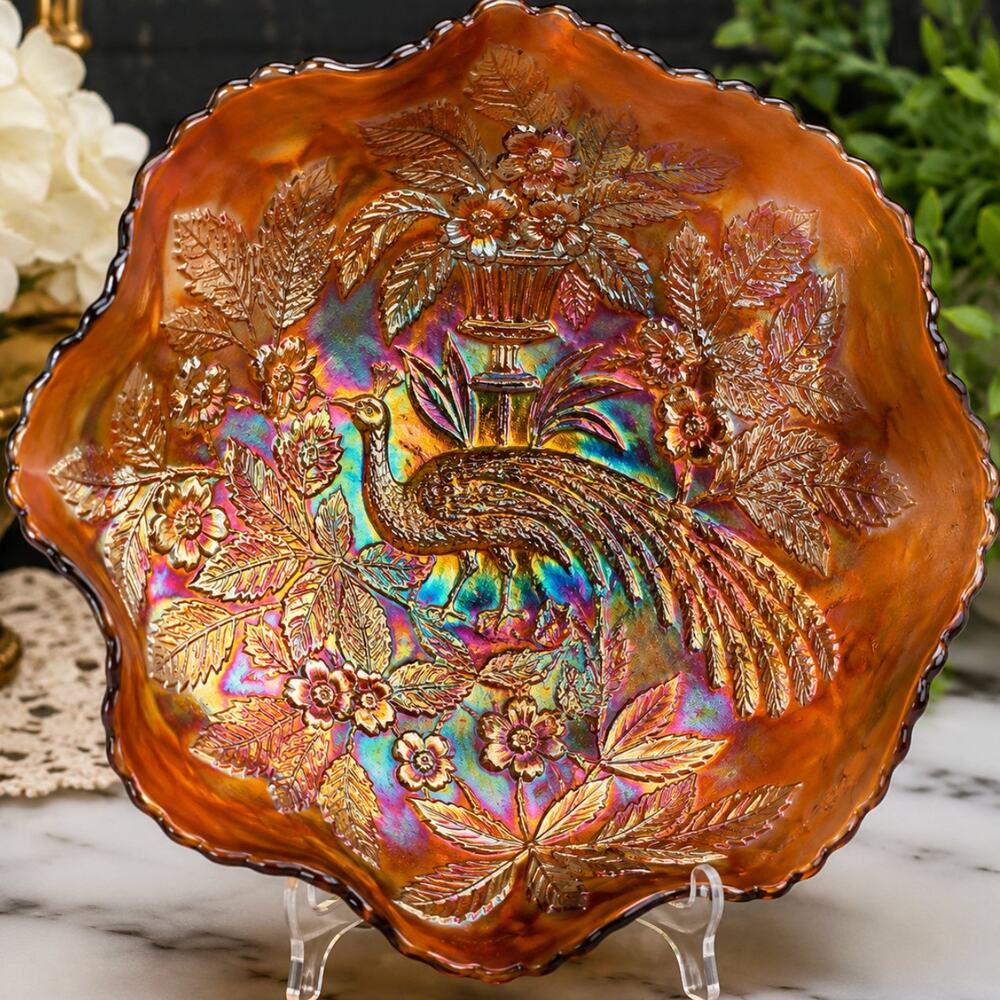 Antique Fenton Peacock & Urn Marigold Carnival Glass 9" Ruffled Bowl c1910